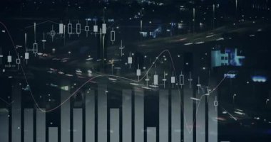 Yol trafiğinin zaman aşımında grafiklerin ve finansal verilerin animasyonu. finans, ekonomi, temassız ödemeler ve dijital olarak üretilen teknoloji konsepti.