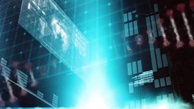 Siyah arkaplan ile veri işleme arayüzü üzerinde dönen DNA yapısının animasyonu. Bilgisayar arayüzü ve tıbbi araştırma teknolojisi kavramı