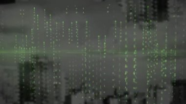 Animation of looping binary codes and lens flares against buildings in background. Digital composite, multiple exposure, computer language, coding, machine learning and technology concept.