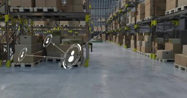 Deponun üzerindeki simgelerle bağlantı ağının animasyonu. Mağaza, teknoloji ve dijital arayüz kavramı, dijital olarak oluşturulmuş video.