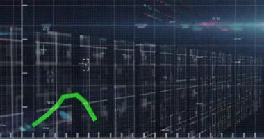 Soyut desenli yeşil grafik animasyonu, siyah arka planda ticaret tahtası ve lens parlamaları. Dijital olarak üretilmiş, hologram, rapor, finans, borsa, aydınlanma ve yatırım kavramı.