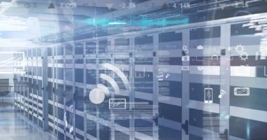 Şekiller üzerinde veri işleme animasyonu ve sunucu odasında veri işleme. Dijital olarak oluşturulan küresel bağlantılar ve veri işleme kavramı.