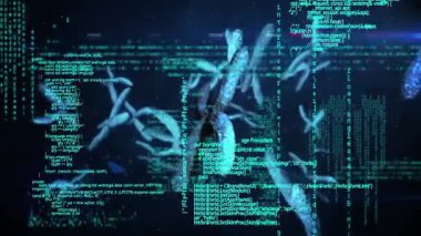3D DNA iplikçikleri üzerinde veri işleme animasyonu dönüyor. küresel bilim, hesaplama, veri işleme ve dijital arayüz kavramı dijital olarak oluşturulmuş video.
