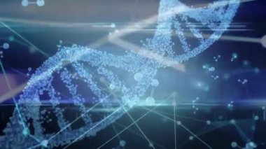 Siyah arka plandaki veri işleme üzerindeki DNA iplikçiklerinin animasyonu. Küresel iletişim, bilim, tıbbi araştırma, veri ve dijital arayüz kavramı dijital olarak oluşturulmuş video.