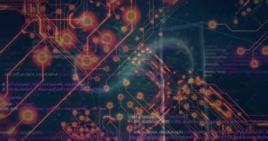 Arka plandaki programlama dili üzerinde devre kartı dokusu ve döngü işaretinin animasyonu. Dijital olarak üretilmiş, hologram, kodlama, makine öğrenme, sembol, sonsuzluk ve teknoloji kavramı.