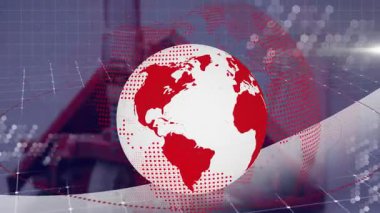 Depoda veri işleme ve küre animasyonu. Küresel iş, finans ve dijital arayüz kavramı dijital olarak oluşturulmuş video.