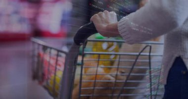 Animation of data processing over businessman handshake. Global business digital interface technology and networking concept digitally generated video.