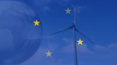 eu bayrağı ve rüzgar türbini üzerinde veri işleme animasyonu. Küresel çevre, sürdürülebilirlik ve Avrupa Birliği, bağlantılar ve veri işleme kavramı dijital olarak oluşturulmuş video.