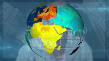 Dijital ekranda veri işleme üzerinde dönen dünyanın animasyonu. veri işleme, bağlantılar ve teknoloji konsepti dijital olarak oluşturulmuş video.