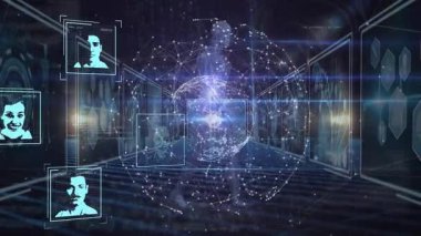 Bağlantılar, dünya, insan modeli ve dijital ekranlar üzerinden kullanıcı fotoğraflarının animasyonu. Bağlantılar, iletişim, ağ, veri işleme ve teknoloji konsepti dijital olarak oluşturulmuş video.