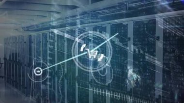 A digital tablet in an office, with data being processed in a server room in the background. Global business social media connections and data processing concept digitally generated video.