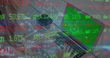 Bir kadın restoranda kahve içerken dizüstü bilgisayar kullanıyor. Video, bir finansal bağlantı ağının dijital olarak oluşturulmuş bir animasyonu..