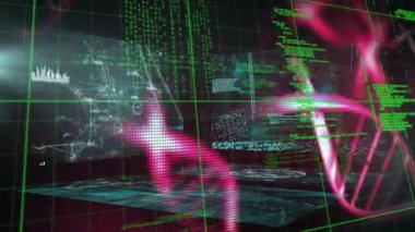 Animation of dna structures spinning over screens with data processing against black background. Medical research and science technology concept