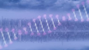 Şehir manzarasının havadan görünüşü üzerinde dönen DNA yapısının animasyonu. Tıbbi araştırma ve iş teknolojisi kavramı