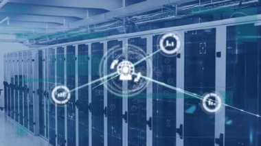 Bilgisayar sunucuları üzerinden simgeler ve dünya ile bağlantı ağının animasyonu. Dijital olarak oluşturulmuş küresel bağlantılar, ağlar, hesaplama ve veri işleme kavramı.