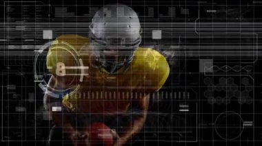 Kafkas erkek Amerikan futbolcusu üzerindeki parazitle veri işleme animasyonu. Küresel spor, bilgisayar ve dijital arayüz kavramı dijital olarak oluşturulmuş video.