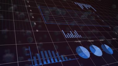 Virüs hücreleri üzerinde finansal veri işleme animasyonu. Küresel salgın, finans ve dijital arayüz kavramı dijital olarak oluşturulmuş video.