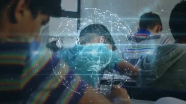 Okulda farklı öğrencilerin öğrenmesi üzerine bağlantıların ve dünyanın animasyonu. lise eğitimi, bağlantılar ve dijital olarak oluşturulmuş öğrenme konsepti.