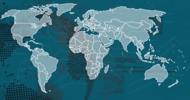 Çeşitli verilerin animasyonu, yeşil arka planda dünya haritası. Dijital olarak oluşturulmuş küresel ağ, iletişim, veri işleme ve teknoloji konsepti.