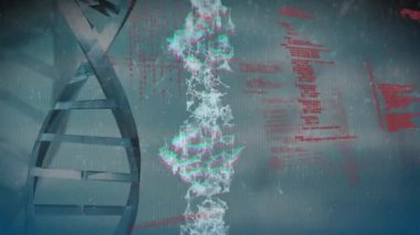 Veri işleme üzerinde parazit ve DNA ipliği animasyonu. Küresel teknoloji, bilgisayar ve dijital arayüz kavramı dijital olarak oluşturulmuş video.