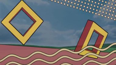 Yüzen geometrik şekiller gerçeküstü manzara oluşturur, 3 boyutlu prizmayı ve düz tasarım çerçevesini gösterir. Soyut, minimalizm, fütüristik, dijital, canlı, mimari, kavramsal