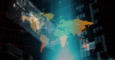 Kara zemin üzerinde dünya haritasıyla veri işleme animasyonu. Küresel teknoloji, bilgisayar ve dijital arayüz kavramı dijital olarak oluşturulmuş video.