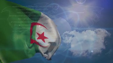 Cezayir bayrağı üzerinde veri işleme animasyonu. Küresel iş, vatanseverlik ve dijital arayüz kavramı dijital olarak üretilen video.