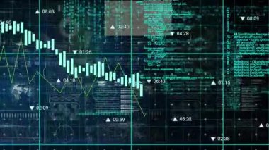 Dijital ekranda finansal grafiklerin ve verilerin animasyonu. Finans, ekonomi, veri işleme, iş ve teknoloji konsepti dijital olarak oluşturulmuş video.