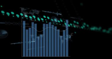 Siyah arka planda istatistiksel veri işleme animasyonu. Bilgisayar arayüzü ve iş veri teknolojisi kavramı