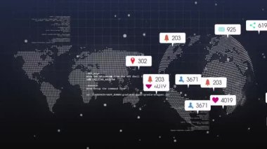 Mavi ızgarada yüzen noktalı dünya haritası sosyal medya bildirimlerini ve sürüklenme kodlarını gösteriyor. Teknoloji, veri, siber güvenlik, bağlantı, analitik, dijital, ağ