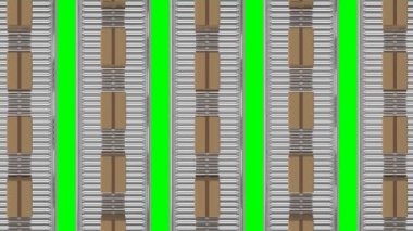 Karton kutuların yeşil arka planda taşıyıcı bantlarla hareket edişinin genel görünümü. Dijital bileşik, çoklu pozlama, ambalaj, dağıtım, soyut ve teknoloji kavramı.