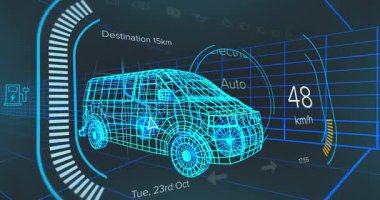 Donanma arka planındaki elektrikli minibüs projesinde hız göstergesi animasyonu. elektrikli arabalar, eko güç, sürdürülebilirlik ve teknoloji konsepti dijital olarak üretilen video.