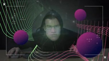 A digital animation of a hacker surfing on data. Global networking and technology concept. The animation shows a green glowing network of connections against a black background. Geometric shapes are moving on the alpha channel.