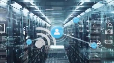 Bilgisayar sunucu odasına karşı dijital simge ağı, ikili kodlama ve dijital simgelerin animasyonu. Küresel ağ ve iş veri depolama teknolojisi kavramı