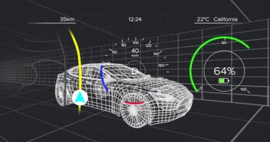 Animation of data processing over digital car on black background. Global transport, computing and digital interface concept digitally generated video.