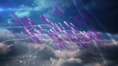 Animation of network of connections, digital wave and purple light trails against clouds in the sky. Global networking and business technology concept