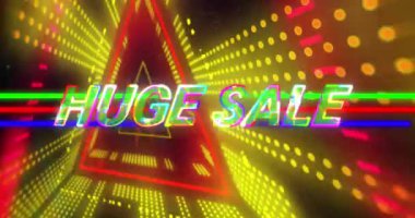 Büyük satış metinlerinde dalga desenlerinin animasyonu. Geometrik şekiller, siyah arkaplana karşı tünel. Dijital olarak üretilmiş, hologram, illüstrasyon, aydınlatma, indirim, alışveriş ve teknoloji konsepti.