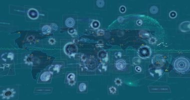 Simgelerle bağlantı ağı üzerinden veri işleme ile dünya haritasının animasyonu. Küresel teknoloji, bilgisayar ve dijital arayüz kavramı dijital olarak oluşturulmuş video.