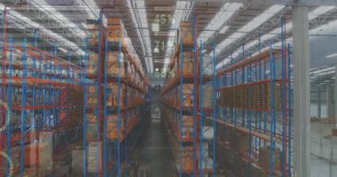 Composite video of statistical data processing against view of warehouse. logistics and transportation service concept