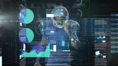Afrika kökenli Amerikalı erkek rugby oyuncusunun ragbi topu tutuşu üzerine veri işleme animasyonu. Spor ve teknoloji kavramı
