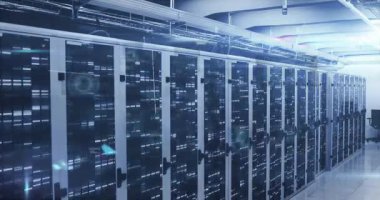 Animation of data processing over computer servers. Global business digital interface technology and networking concept digitally generated video.