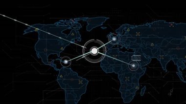 Dünya haritası üzerinden kara arkaplana karşı bağlantı ağının animasyonu. Küresel ağ ve iş teknolojisi kavramı
