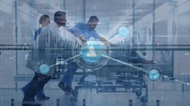 Doktorlar yerine simgelerle bağlantı ağının animasyonu. Küresel tıp, sağlık, veri işleme ve dijital olarak üretilen video konsepti.