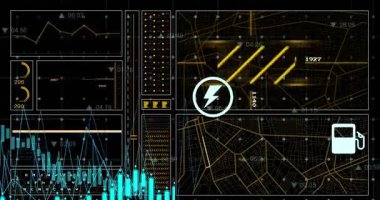 Siyah arkaplanda veri işlemeye karşı dijital simge ağının dijital animasyonu. Dijital arayüz ve teknoloji kavramı.