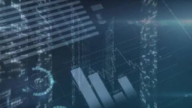 Karanlık arka planda finansal veri işleme animasyonu. küresel iş, finans, veri işleme ve dijital arayüz kavramı dijital olarak oluşturulmuş video.