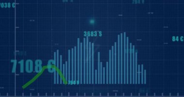 Mavi arkaplan ile istatistiksel veri işleme üzerine yıldırım simgesi animasyonu. Bilgisayar arayüzü ve iş veri teknolojisi kavramı
