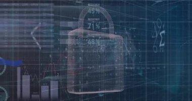 Dijital asma kilit üzerinden grafiklerin ve finansal verilerin animasyonu. İş, finans, ekonomi ve teknoloji konsepti dijital olarak oluşturulmuş video.