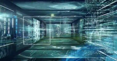 Şehir manzarası üzerinde veri işleme animasyonu. Küresel teknoloji, bilgisayar ve dijital arayüz kavramı dijital olarak oluşturulmuş video.