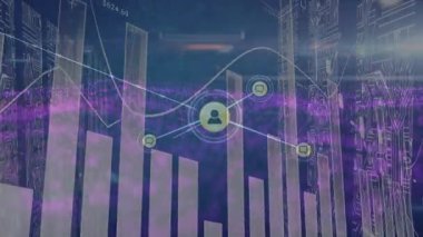 Mor dijital dalgaya karşı profil simgelerinin ve istatistiksel veri işleme ağının animasyonu. Küresel ağ ve iş veri teknolojisi kavramı