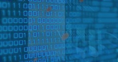 Mavi arkaplandaki ikili kod üzerinden finansal verilerin ve dünyanın animasyonu. Küresel finans, ekonomi ve bilgisayar kavramı dijital olarak oluşturulmuş video.